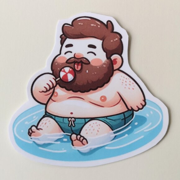 5 for 10$ - Man Sitting in Pool w/ Lollipop Sticker Cute Dad Bod Bear Gay LGBT - Picture 1 of 1